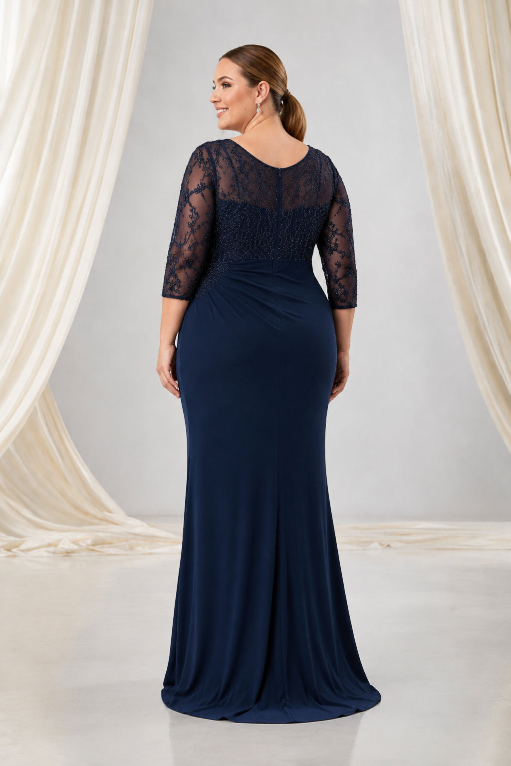 Plus Size Dark Navy Lace 3/4 Sleeve Sheath Mother Dress with Side Ruching back view