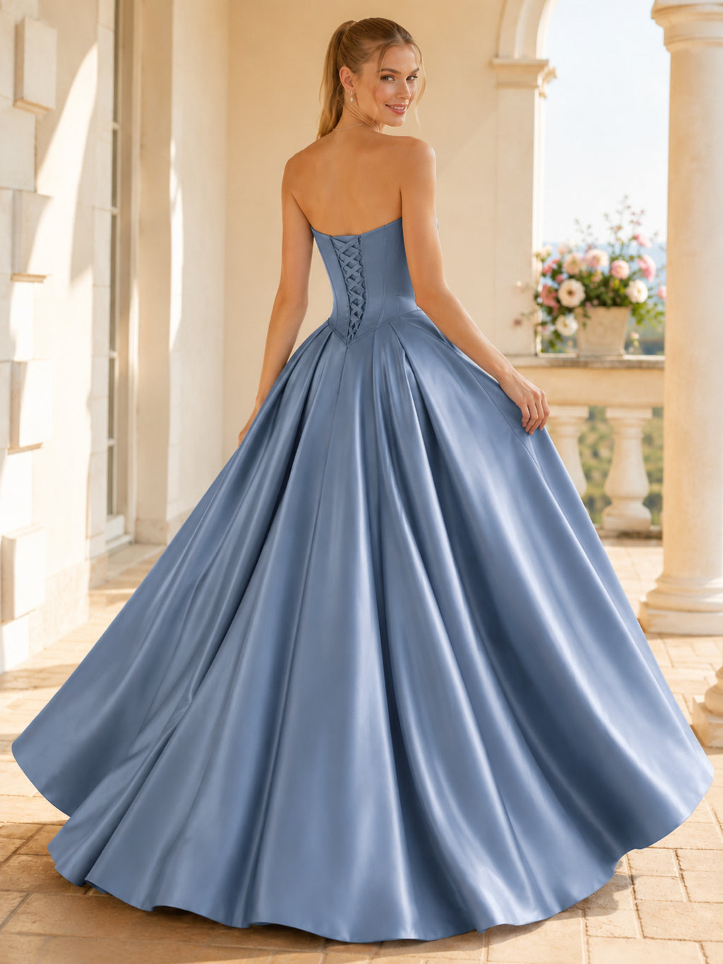 Steel Blue Elegant Strapless Sweetheart Rosette Pleated Satin Quinceanera Princess Formal Ball Gown back view