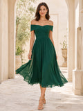 Dark Green Off-the-shoulder Chiffon Tea Dress front view