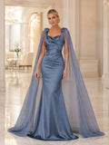 Steel Blue Cowl Neck Cape Mermaid Satin Sweep Guest Dress front view