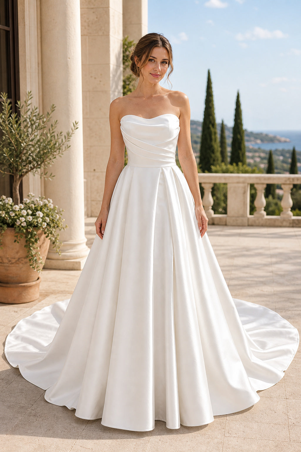 White Strapless Ball Gown Satin Floor-length Wedding Dress With Pleats and Buttons