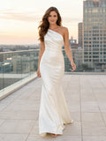 One shoulder satin rehearsal sheath gown with diagonal drape front view