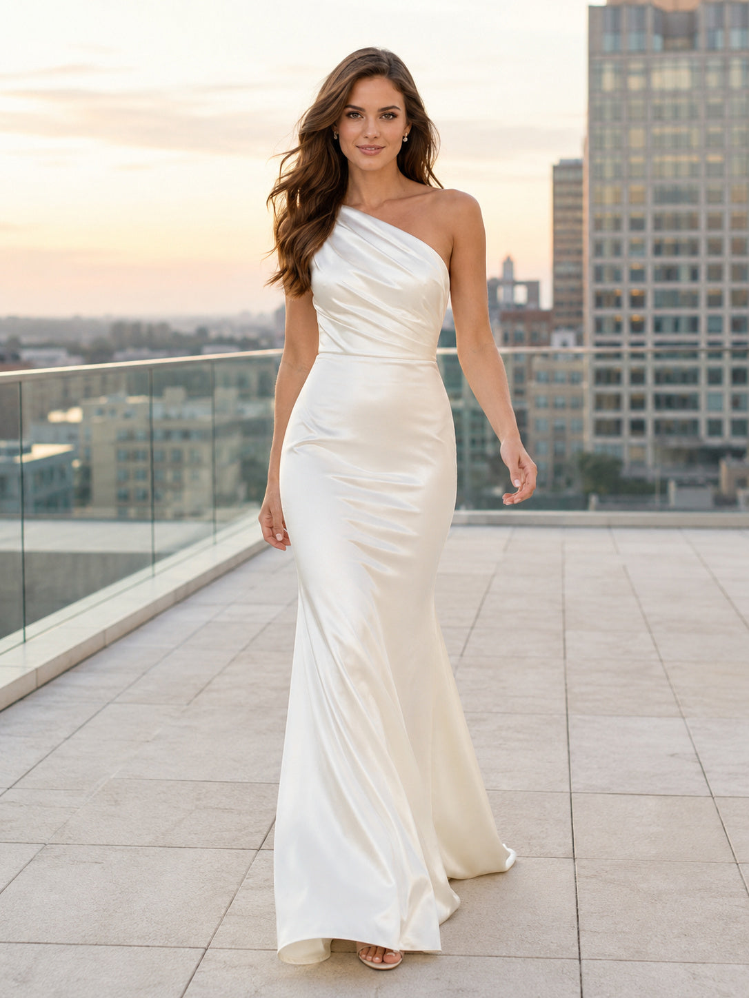 One shoulder satin rehearsal sheath gown with diagonal drape front view