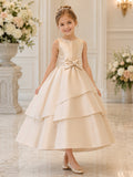 Sleeveless Ivory Satin and Tulle A-Line Flower Girl Dress with jewel Neckline and Floor length Skirt with Tiered Layers front