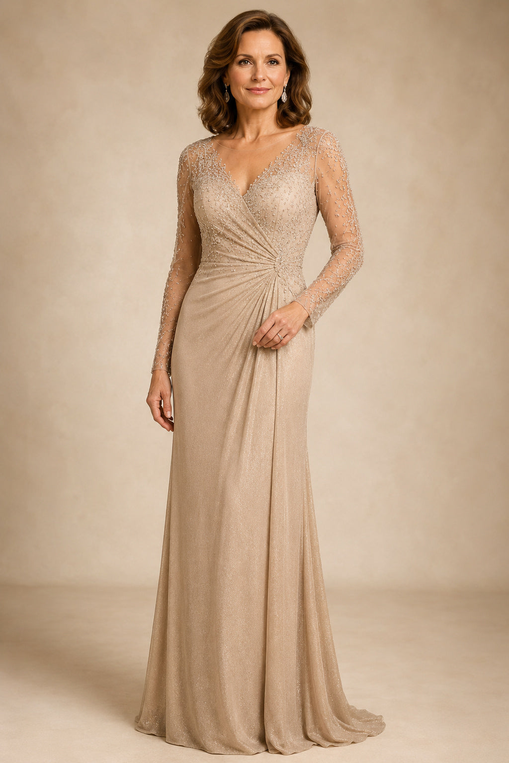 Champagne V-Neck Sheath Mother Dress with Long Illusion Sleeves and Side Draping front view