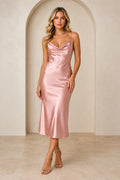 Dusty Rose Satin Midi Cocktail Sheath Dress front view