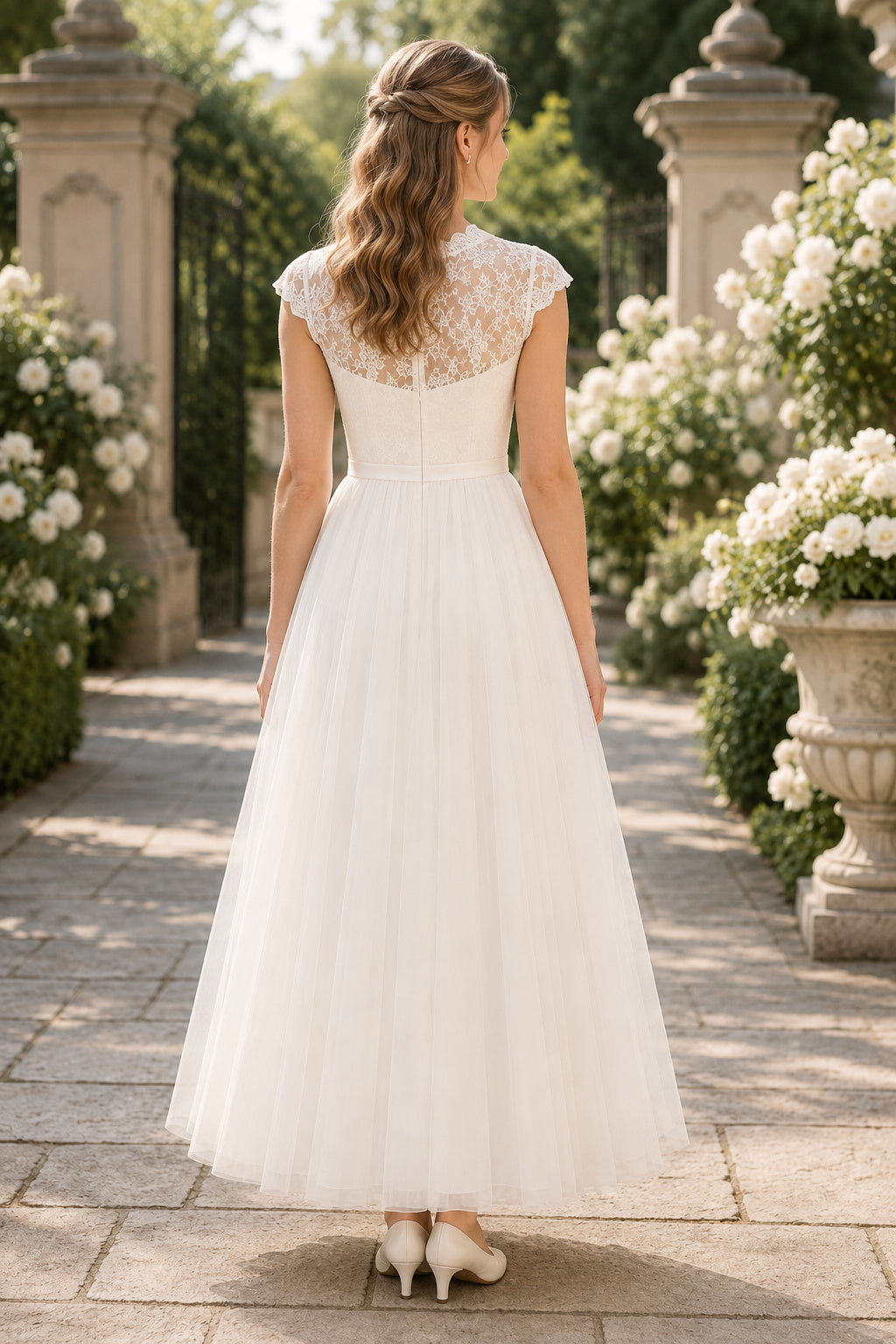 Ivory Cap Sleeve Lace Yoke with Soft Ankle Length Tulle Skirt Ankle Length A-Line Wedding Dress back view