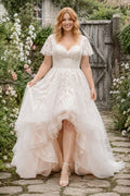 Plus Size Off the Shoulder High Low Wedding Dress with Lace Bodice and Tulle Skirt front view