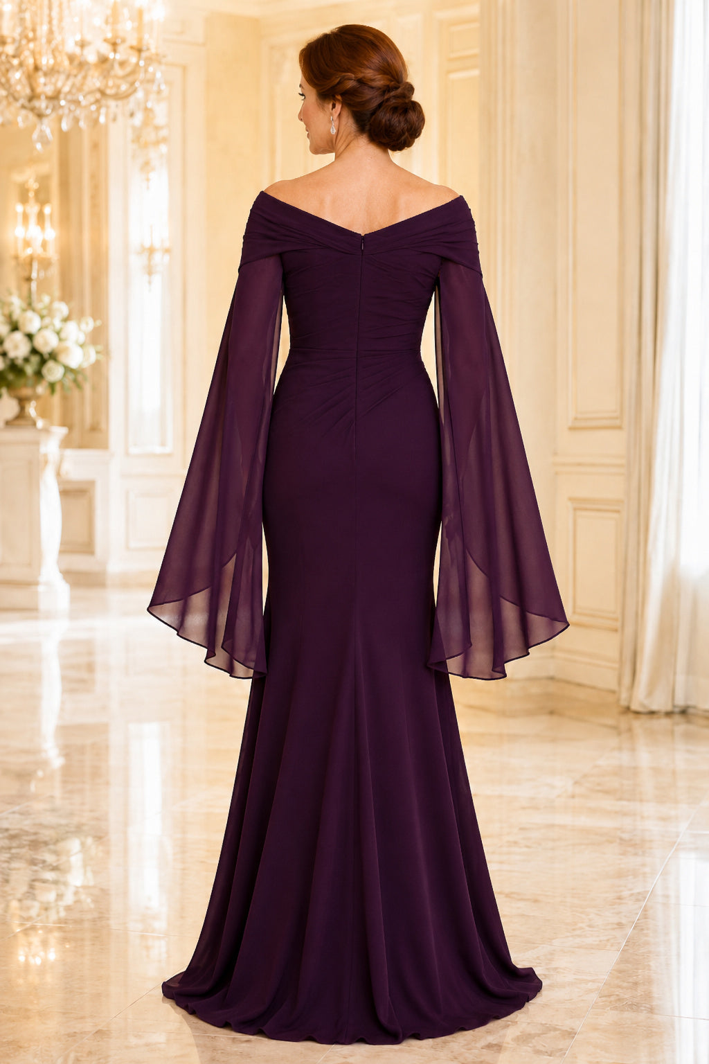Plum Off the Shoulder Mermaid Mother Dress with Chiffon Cape Sleeves and Sweep Hem back view