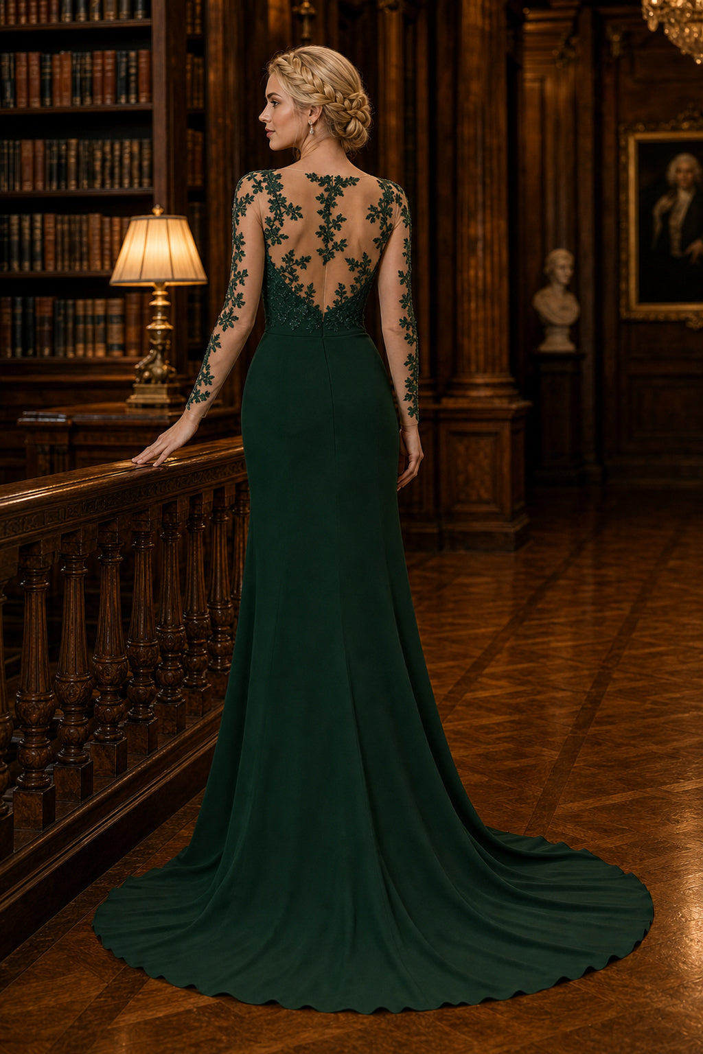 Emerald Illusion Long Sleeve Mermaid Floor-Length Dress With Lace Bodice