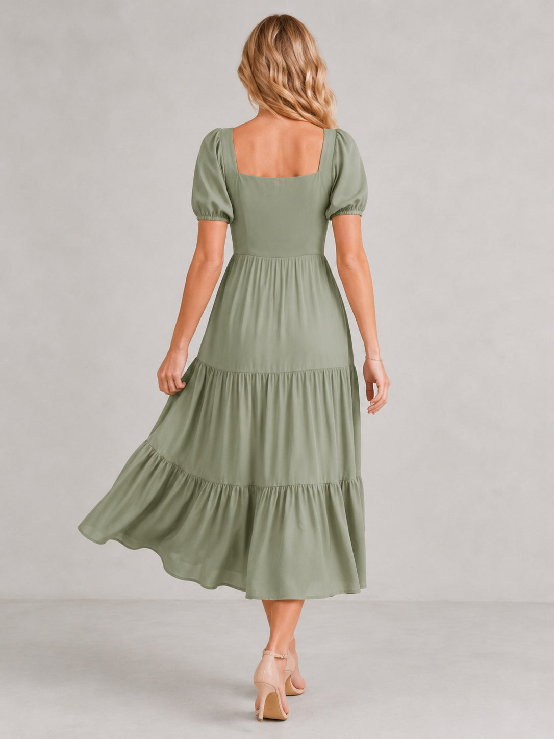 Sage Square Neck Puff Sleeve Tiered Occasion Midi Dress back view