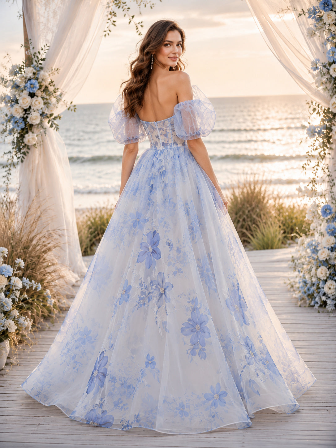 Blue Floral Puff Sleeve Organza Seaside Wedding Gown back view