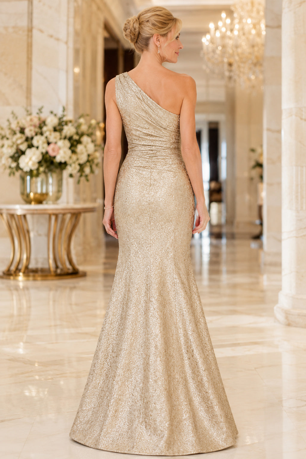 Champagne One Shoulder Metallic Mermaid Mother Dress for Mother and Formal Events back view