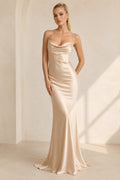 Champagne Cowl Neck Stretch Satin Sheath Bridesmaid Dress with Low Back and Sweep Hem front view