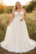 Plus Size Ivory Sweetheart Sleeveless Lace Tulle A-Line Wedding Dress with Corset Back and Lace Chapel Train front view