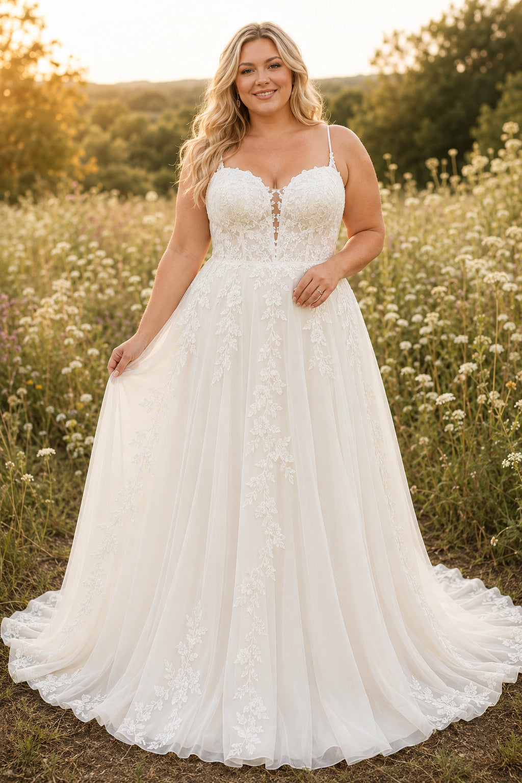 Plus Size Ivory Sweetheart Sleeveless Lace Tulle A-Line Wedding Dress with Corset Back and Lace Chapel Train front view