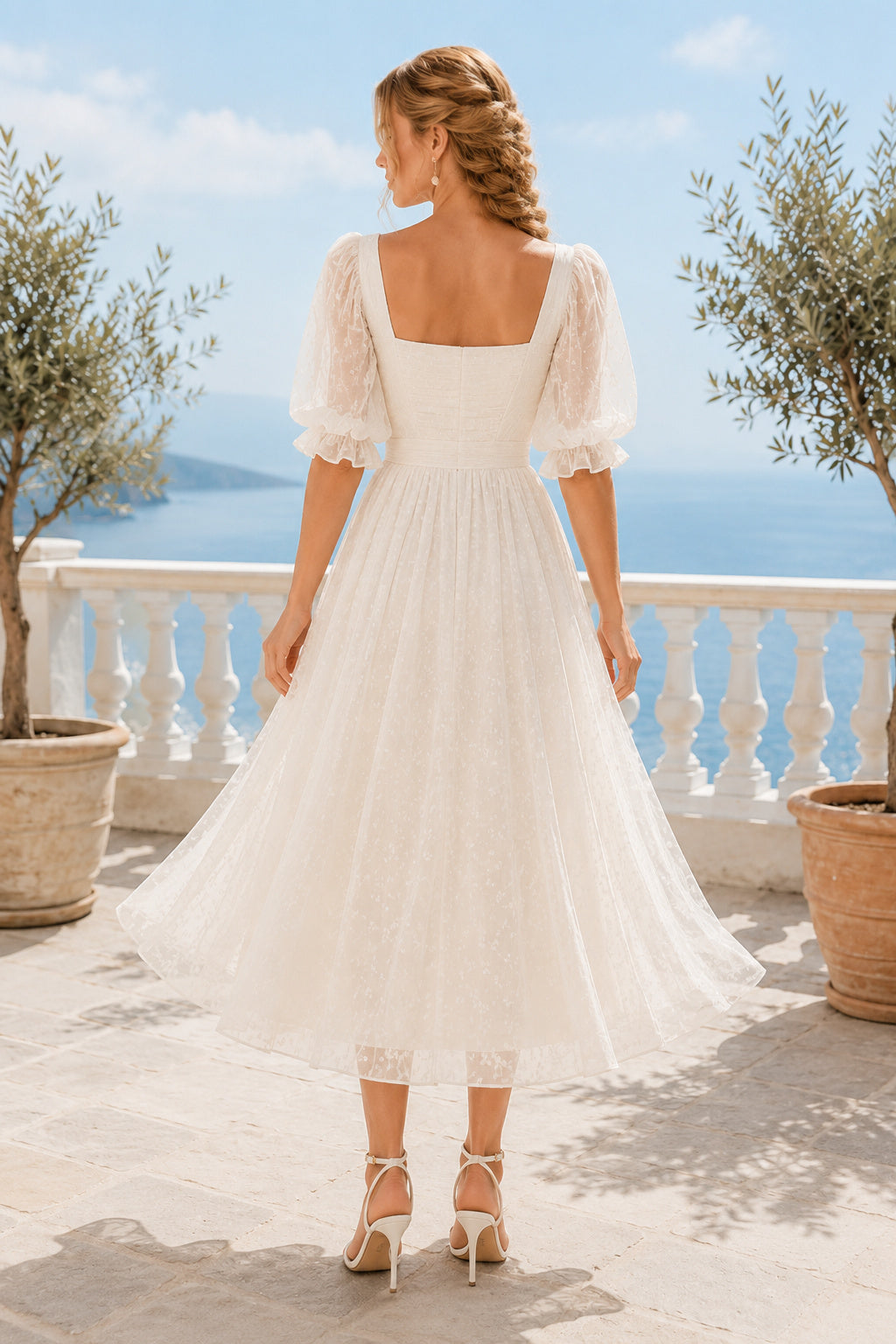 Ivory Square Neck Puff Sleeve Tulle Tea Length Wedding Dress for Wedding Reception and Party back view