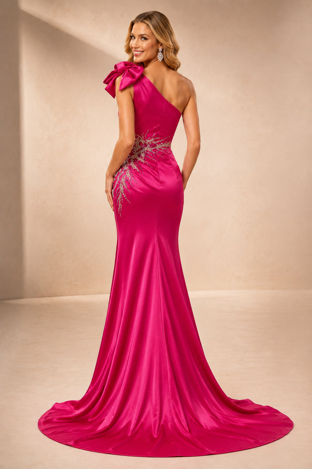 Fuchsia One-Shoulder Satin Mermaid Formal Dress with Bow and Crystal Applique back view