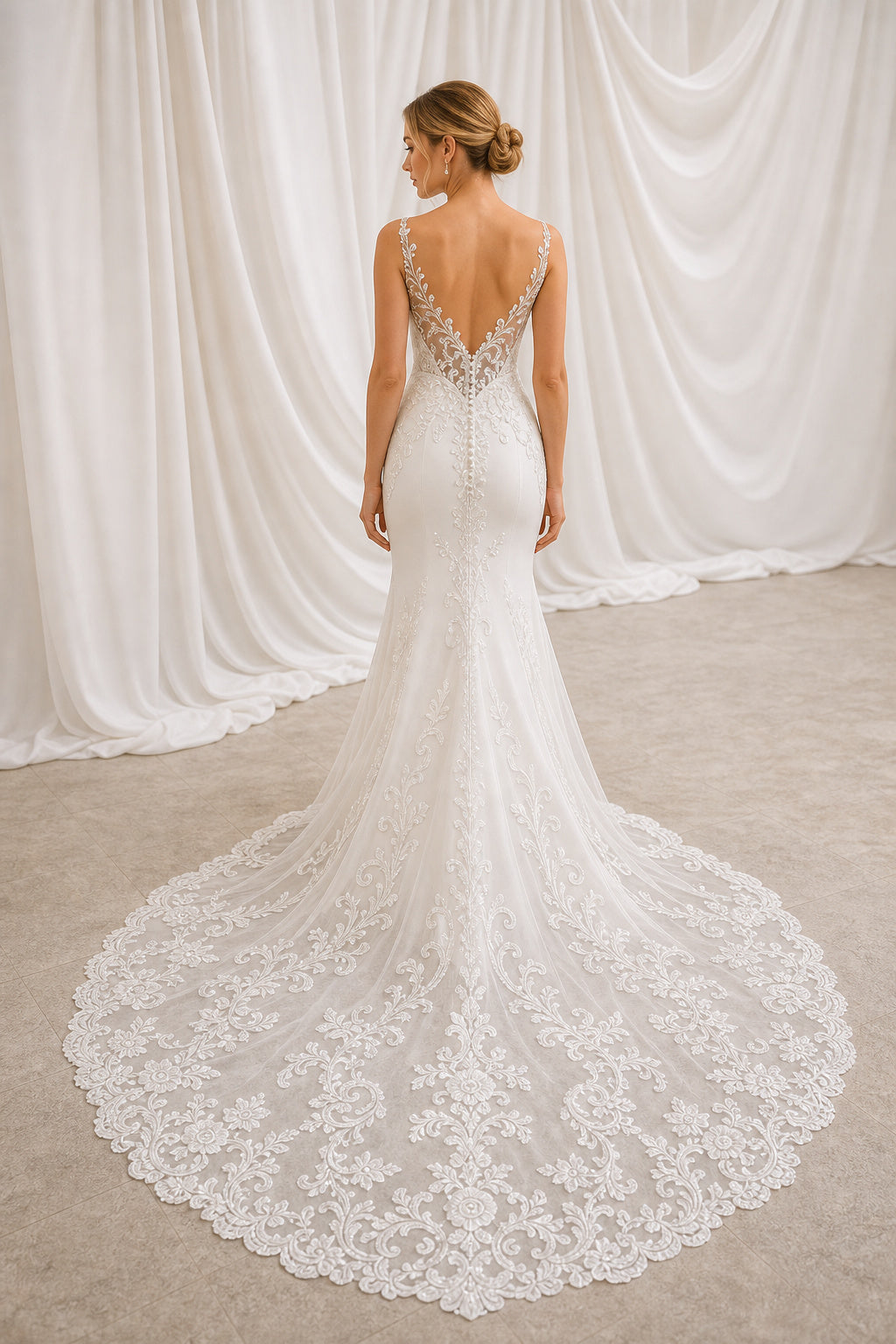 White Illusion A-Line Satin Floor-length Wedding Dress With Beaded Waist and Floral Appliques