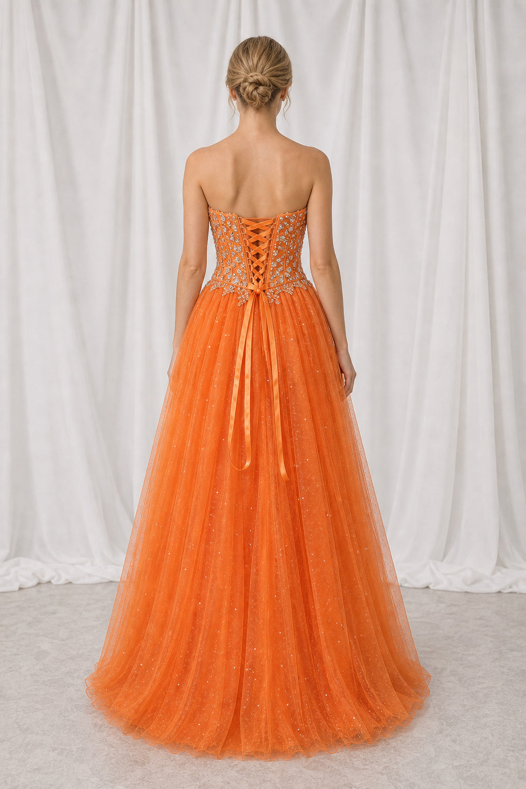 Orange Strapless Sweetheart A-Line Tulle Floor-Length Dress With Beaded Bodice