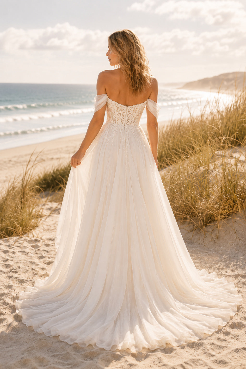 Ivory Off Shoulder Sweetheart A-Line Tulle Wedding Dress Split Train for Bridal Ceremony and Reception back view