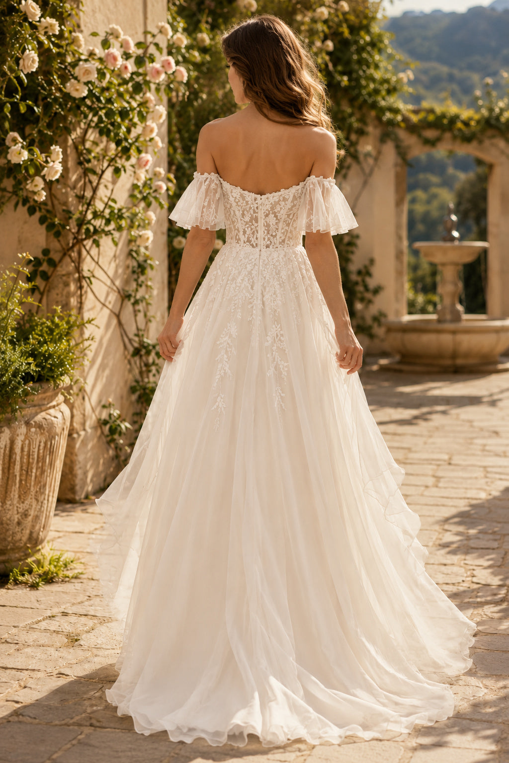 Ivory Off-the-Shoulder Ruffle Sleeve A-Line Wedding Dress with Lace Bodice back view