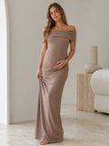Taupe Maternity Off-Shoulder Draped Jersey Sheath Elegant Floor-Length Dress front view