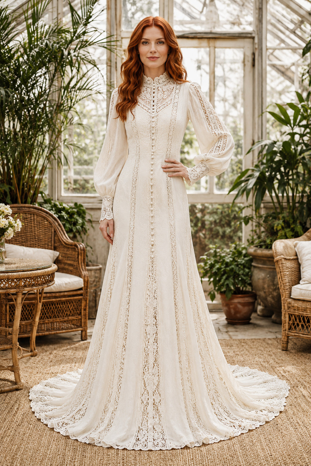 Ivory High Neck Long Poet Sleeve Chiffon A-Line Wedding Dress for Wedding Ceremony and Reception front view