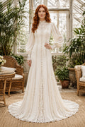 Ivory High Neck Long Poet Sleeve Chiffon A-Line Wedding Dress for Wedding Ceremony and Reception front view