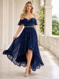 Dark Navy Off Shoulder Celestial Beaded High Low Guest Dress front view