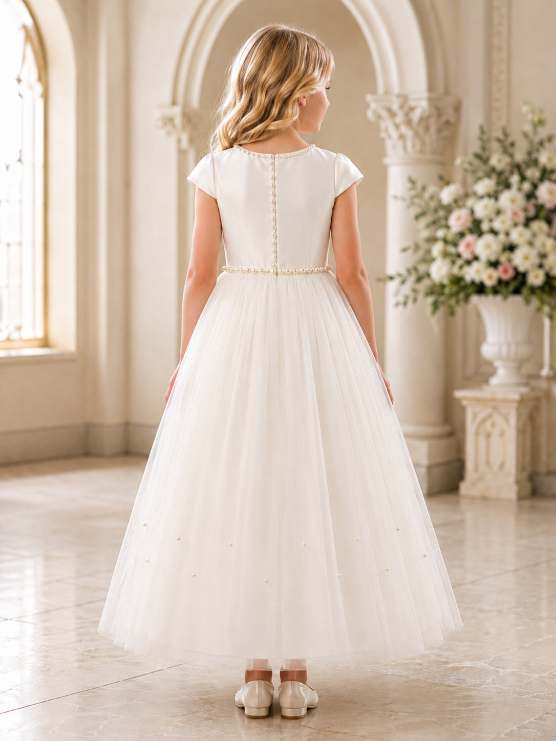 Cap Sleeve Beaded Tulle Communion Flowergirl Ankle Length Dress back view