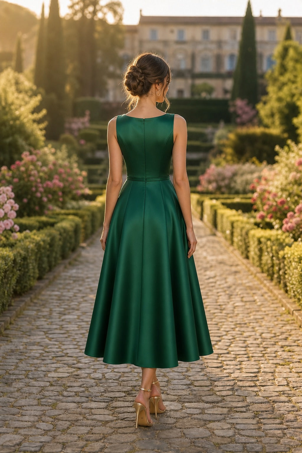 Emerald Scoop Neck Tea-Length Satin A-Line Dress