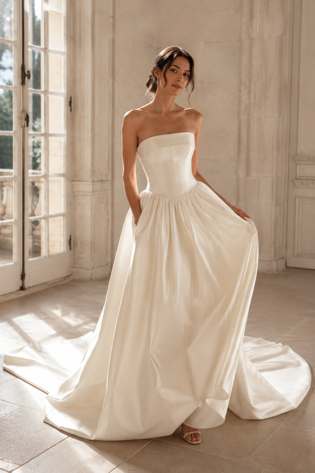 Strapless Satin Ball Gown Wedding Dress with Full Skirt front view