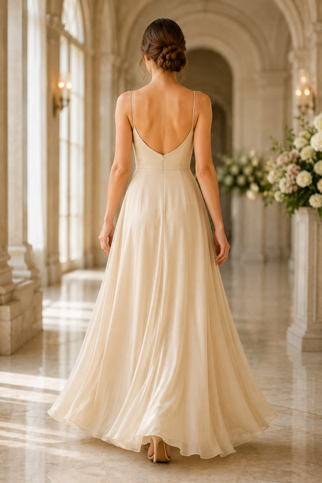 Ivory Cowl Neck Tulle A-Line Wedding Dress with Spaghetti Straps and Soft Layered Skirt back view