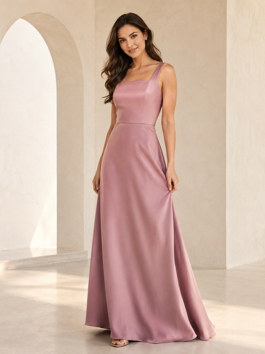 Dusty mauve satin scoop neck spaghetti A-line gown front view