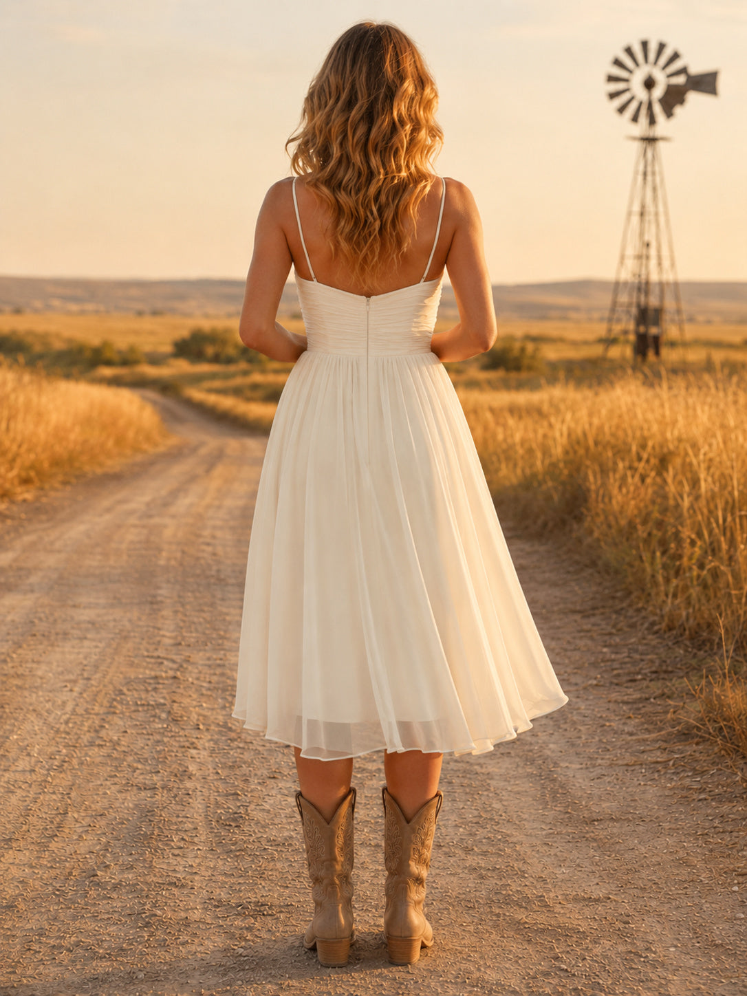 Country Simple Casual A-Line Tulle Wedding Dress with Sweetheart Strapless Sleeveless Tea-Length back view