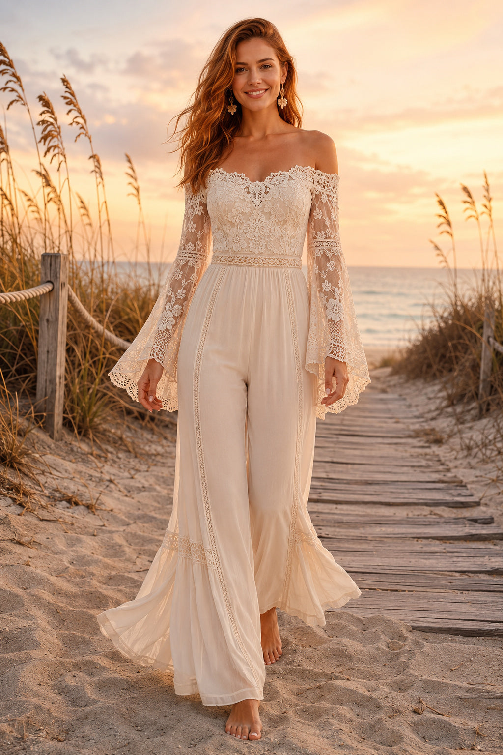 Ivory Off-the-Shoulder Lace Bridal Jumpsuit with Bell Sleeves and Wide Pants front view