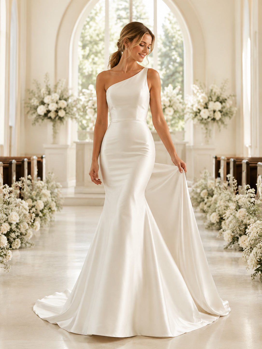 Minimalist Satin Wedding Dress Mermaid One Shoulder Sleeveless Court Train Bridal Gown front view