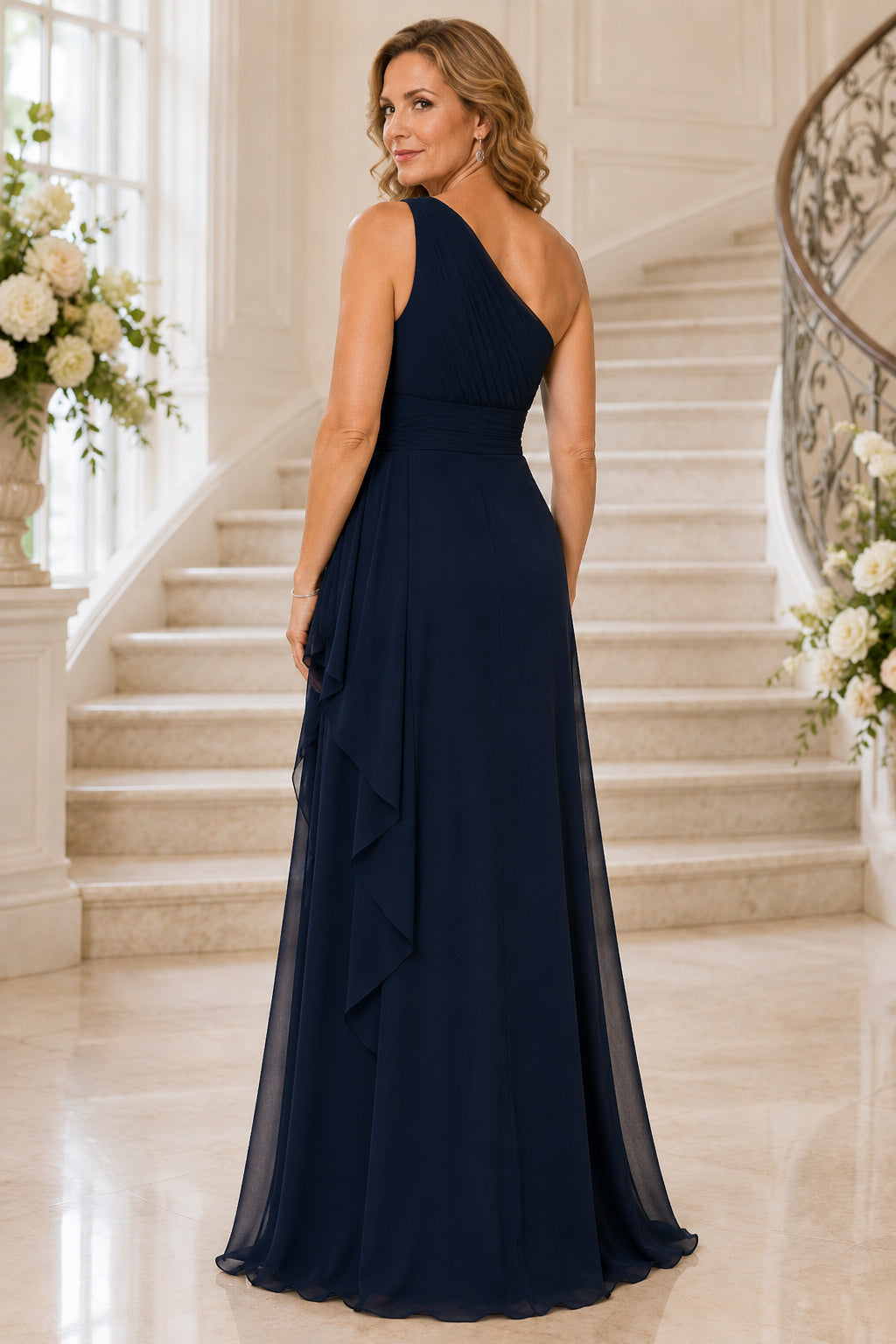Dark Navy One Shoulder Chiffon A-Line Mother Dress with Side Drape and Ruffle Detail back view