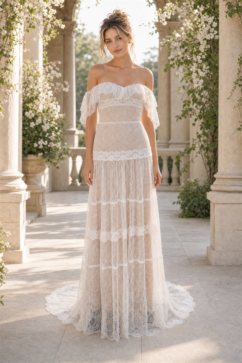 Blush Off-the-shoulder Off-the-shoulder Sheath Lace Floor-length Wedding Dress With Lace and Tiered Skirt