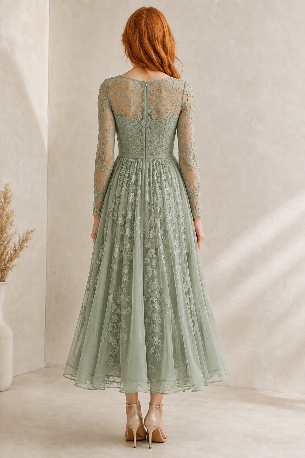 Sage Long Sleeve Lace Tea-Length Dress with A-Line Skirt back view