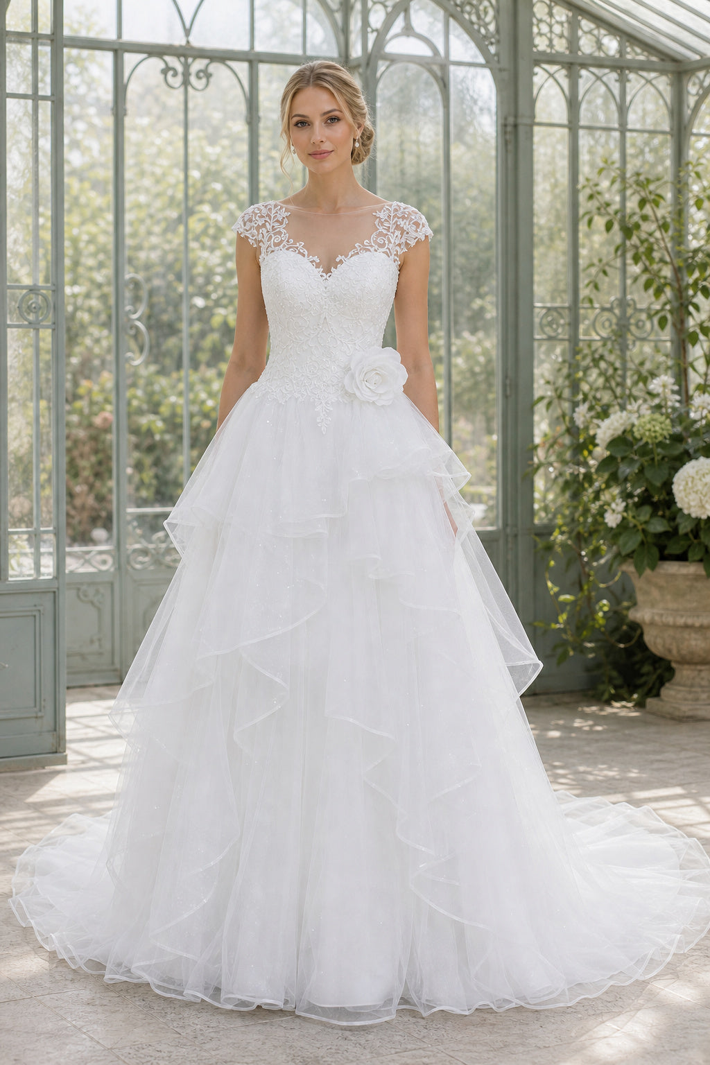 White Illusion Cap Sleeves Ball Gown Tulle Floor-length Wedding Dress With Ruffles and Lace and Open Back