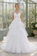 White Illusion Cap Sleeves Ball Gown Tulle Floor-length Wedding Dress With Ruffles and Lace and Open Back