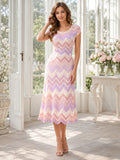 Pink Chevron Print Cap Sleeve Soft Knit Midi Dress front view