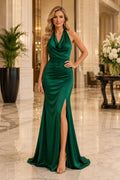 Dark Green Halter Satin Sheath Formal Dress with Side Split and Low Open Back front view
