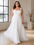 Plus Size Square Neck Wide Strap Chiffon A-Line Sweep Wedding Dress front view