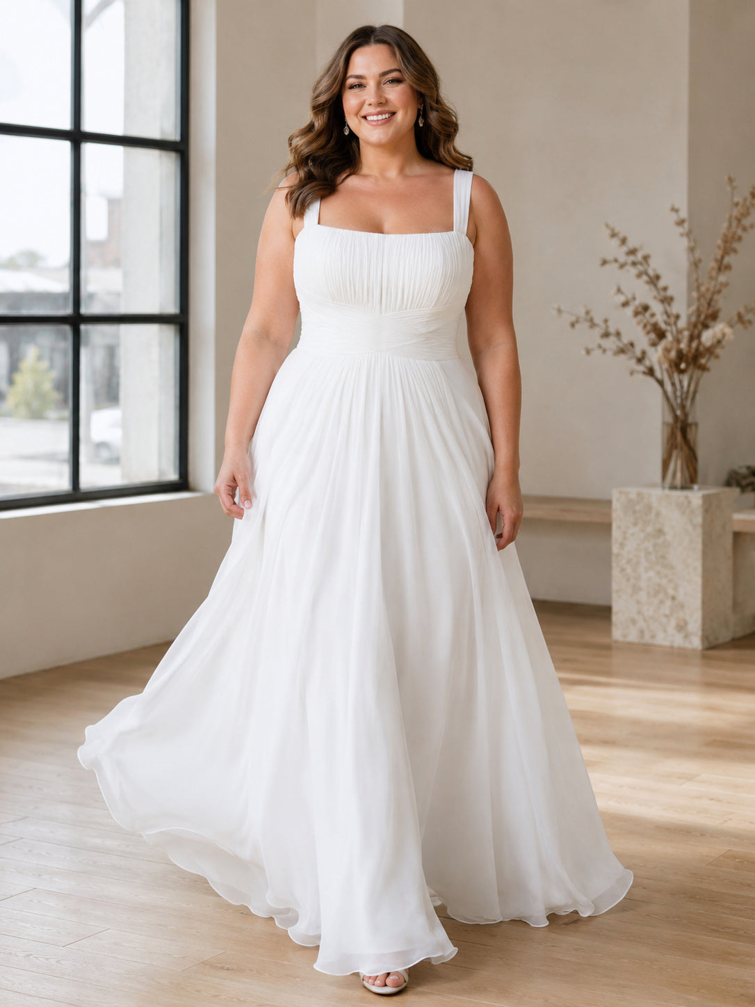 Plus Size Square Neck Wide Strap Chiffon A-Line Sweep Wedding Dress front view