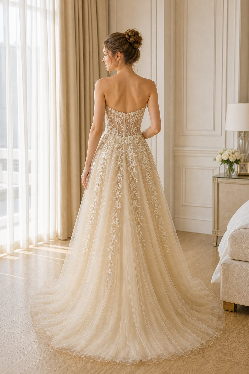 White Halter A-Line Satin Floor-length Wedding Dress With Beaded Bodice and Pleated Skirt and Open Back