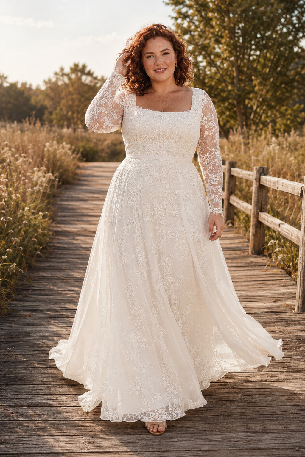 Plus Size Ivory Square Neck Long Sleeve Tulle A-Line Wedding Dress front view