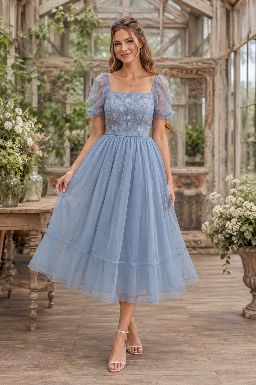 Steel Blue Square Neck Puff Sleeve Lace Bodice with Tulle Skirt Tea Length A-Line Homecoming Dress front view
